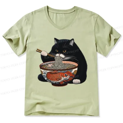 Tokyo-Tiger Fat Cat Eating Ramen V-Neck Classic T-Shirt