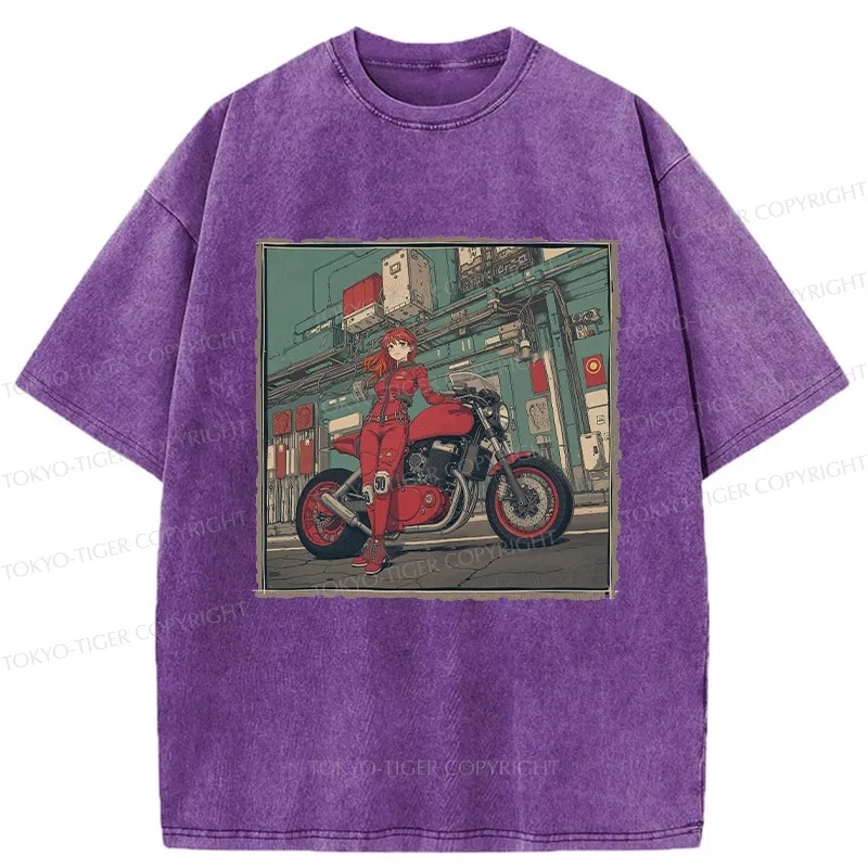 Tokyo-Tiger Cool Motorcycle Girl Washed T-Shirt