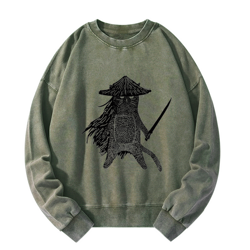 Tokyo-Tiger Japanese Samurai Cat Washed Sweatshirt