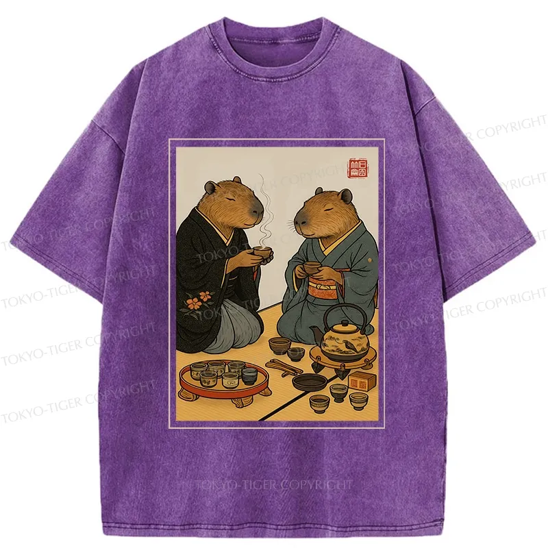 Tokyo-Tiger Capybara Tea Ceremony Washed T-Shirt