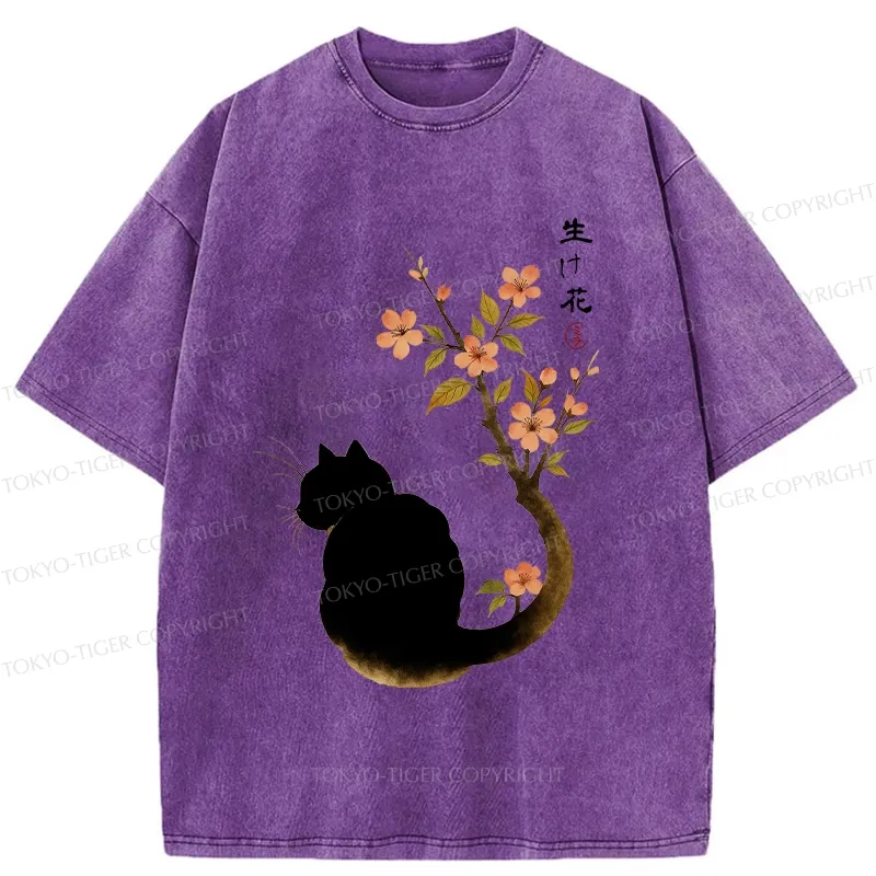 Tokyo-Tiger Retro Cat Tail Flowers Washed T-Shirt