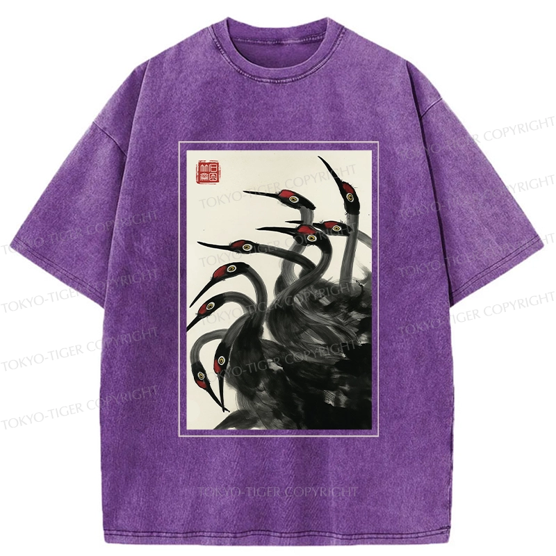 Tokyo-Tiger Retro Red Crowned Crane Washed T-Shirt