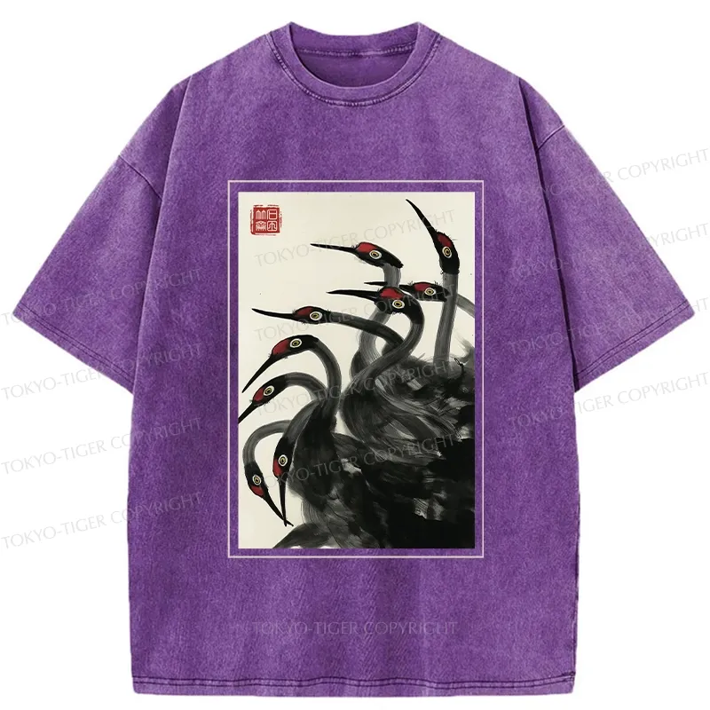 Tokyo-Tiger Retro Red Crowned Crane Washed T-Shirt