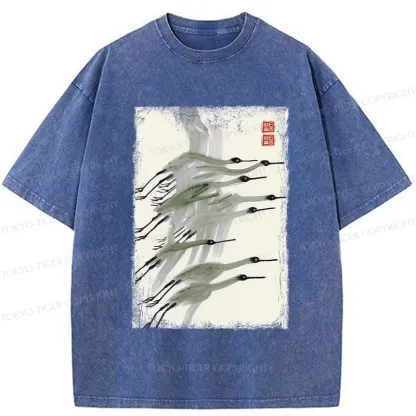 Tokyo-Tiger Flock of Cranes in Flight Washed T-Shirt