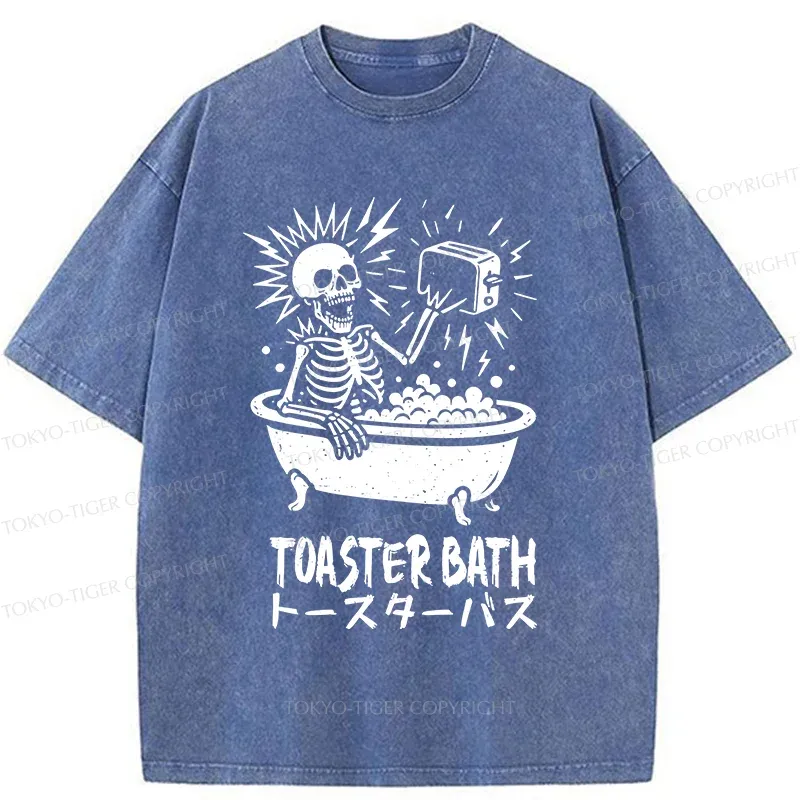Tokyo-Tiger Funny Skeleton Taking A Bath Washed T-Shirt