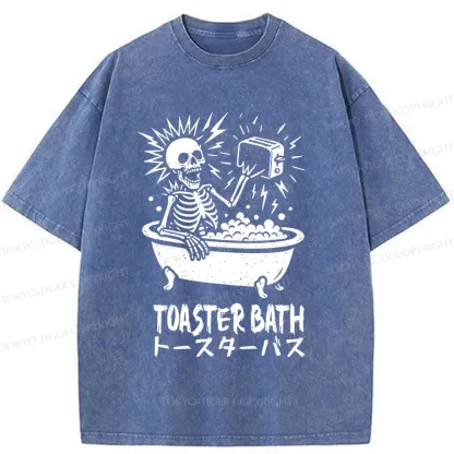 Tokyo-Tiger Funny Skeleton Taking A Bath Washed T-Shirt