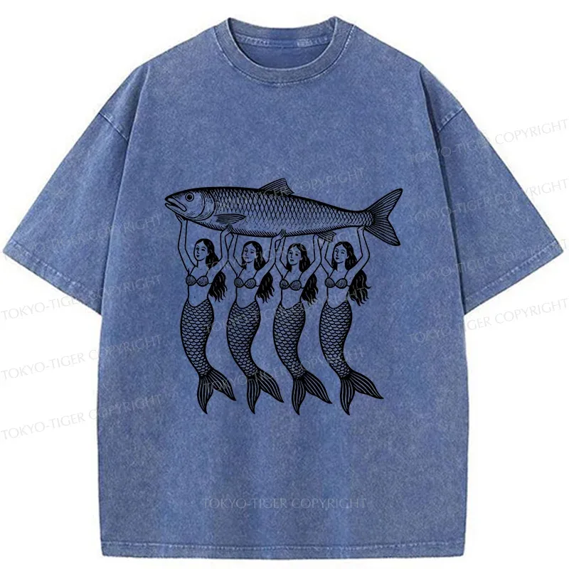 Tokyo-Tiger Mermaids Holding Fish Washed T-Shirt