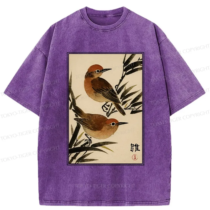 Tokyo-Tiger Sparrows Among Bamboo Washed T-Shirt