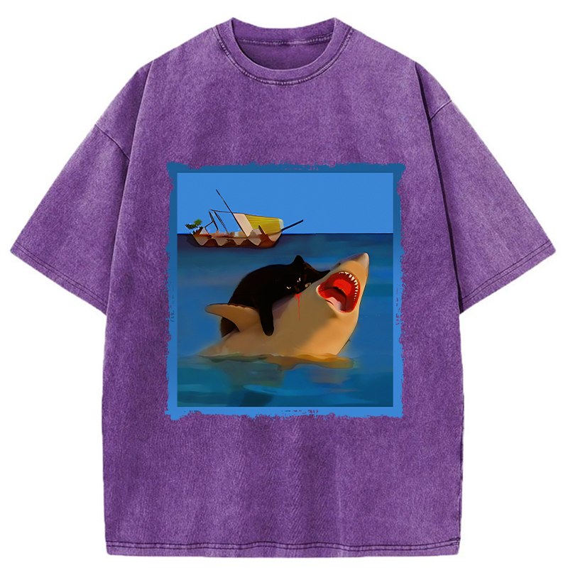 Tokyo-Tiger Black Cat With Shark Washed T-Shirt