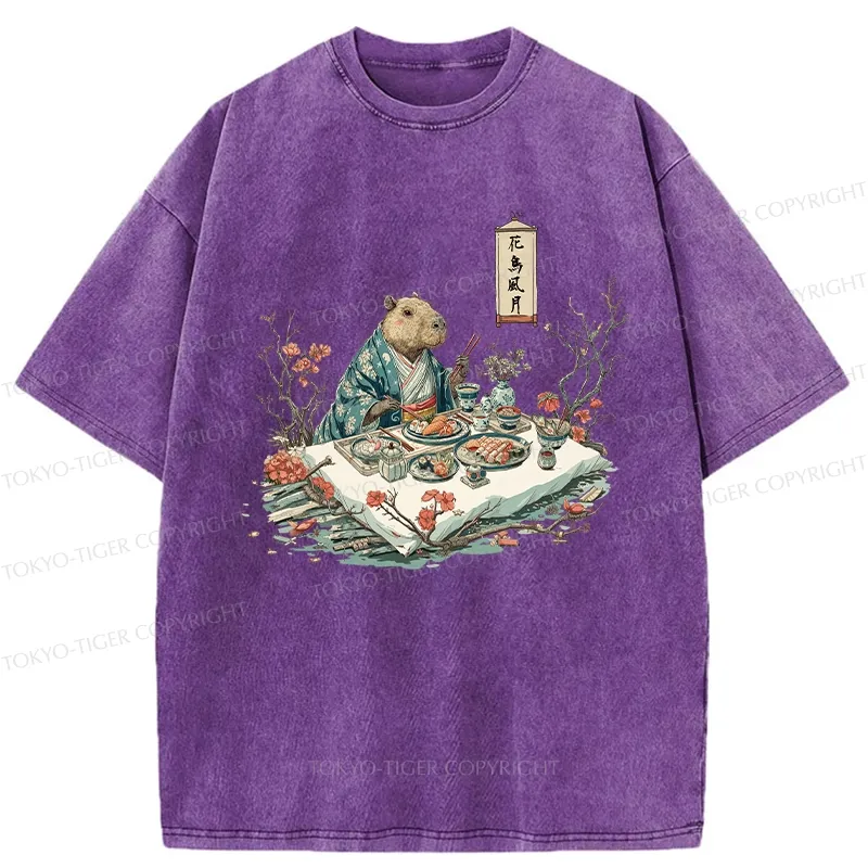 Tokyo-Tiger Capybara Enjoying Sushi Feast Washed T-Shirt