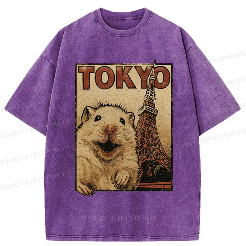 Tokyo-Tiger Happy Hamster Under Tokyo Tower Washed T-Shirt
