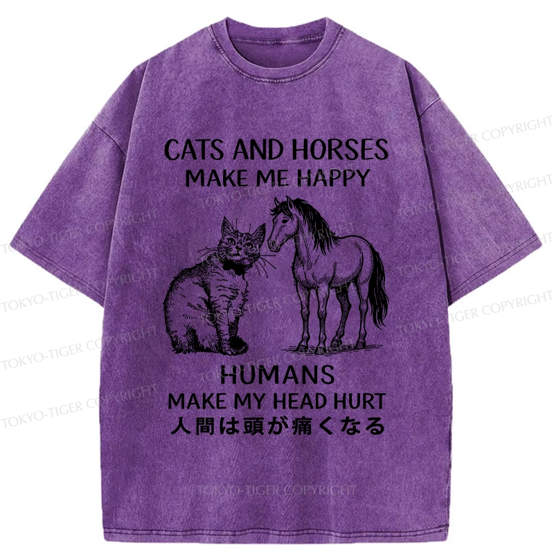 Tokyo-Tiger Funny Cats And Horses Make Me Happy Washed T-Shirt
