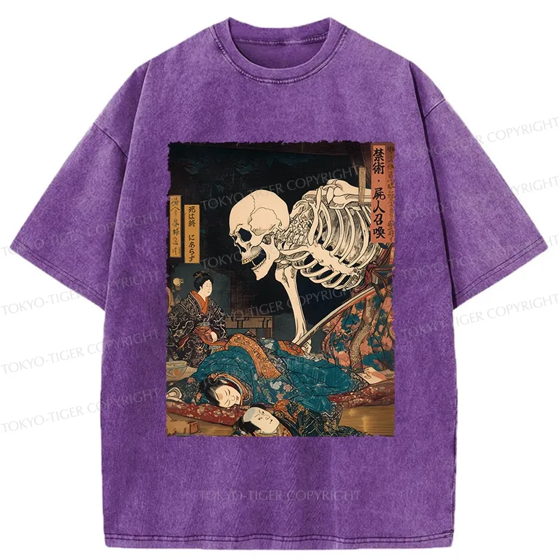 Tokyo-Tiger Ukiyoe Skeleton Yokai Washed T-Shirt