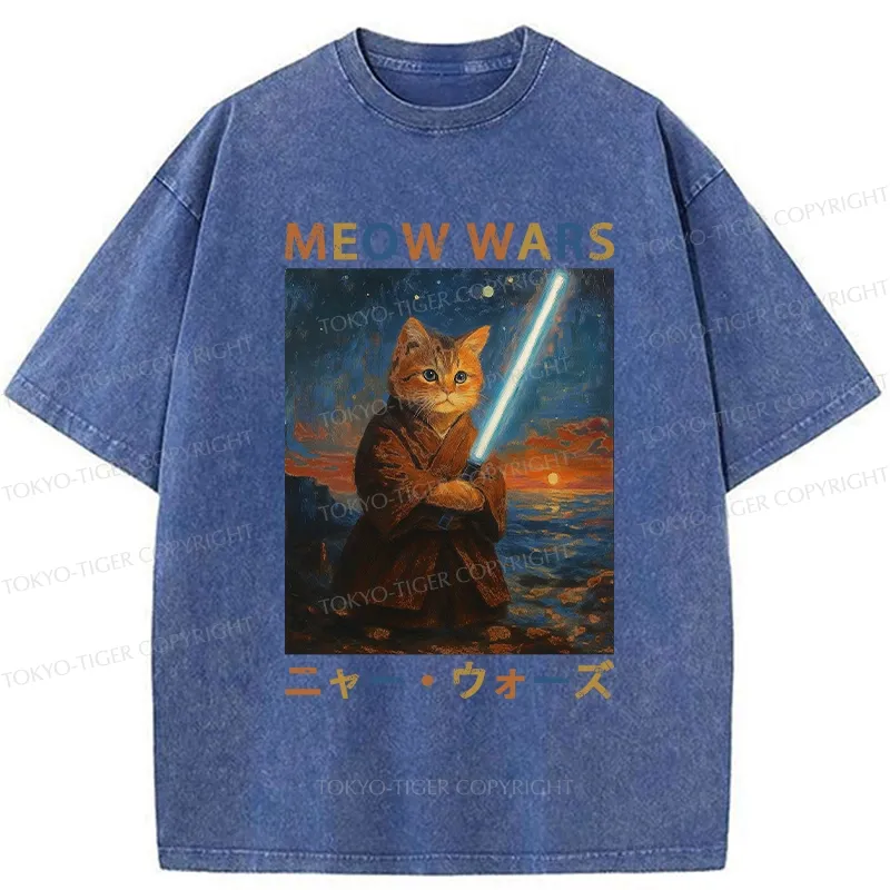 Tokyo-Tiger Funny Meow Wars Washed T-Shirt