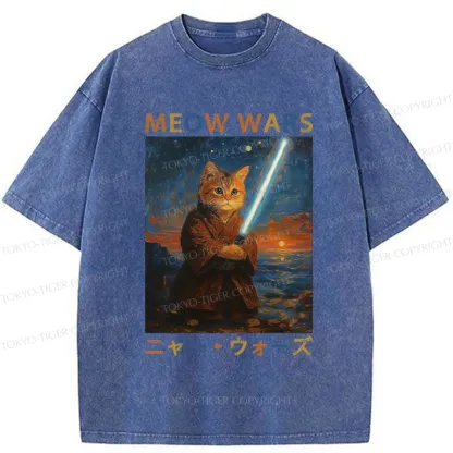 Tokyo-Tiger Funny Meow Wars Washed T-Shirt