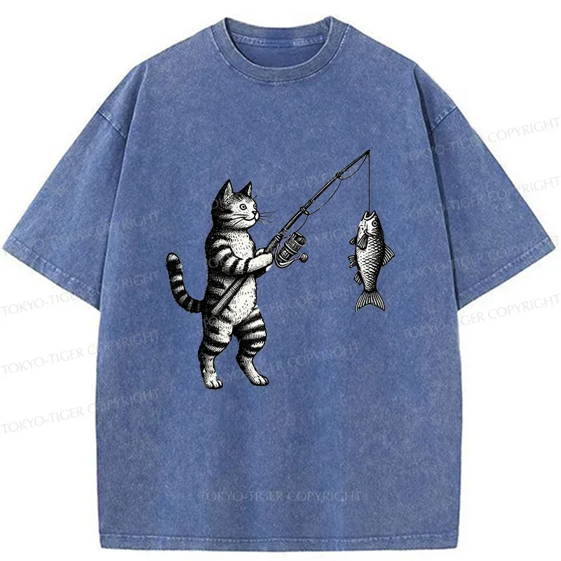 Tokyo-Tiger Cat Fishing Washed T-Shirt