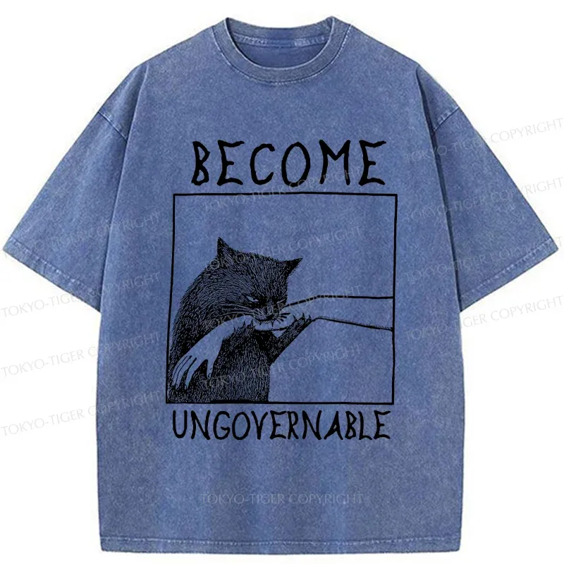 Tokyo-Tiger Cat Biting Arm Washed T-Shirt