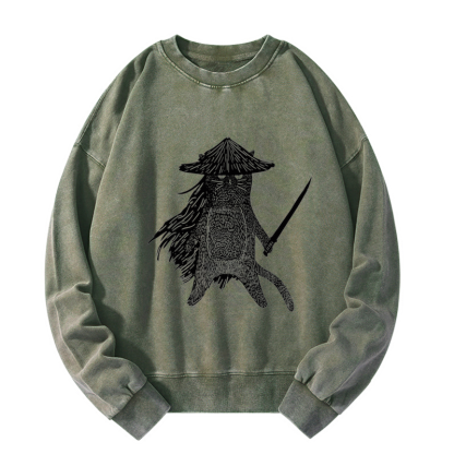 Tokyo-Tiger Japanese Samurai Cat Washed Sweatshirt