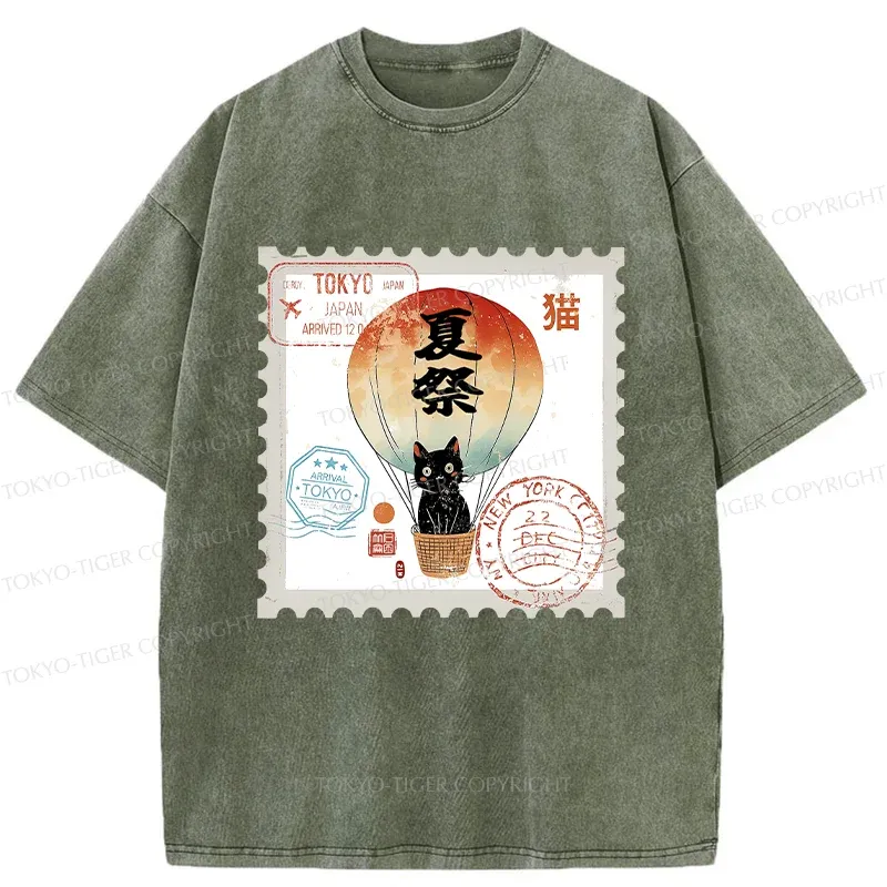 Tokyo-Tiger Japanese Cat Stamp Washed T-Shirt