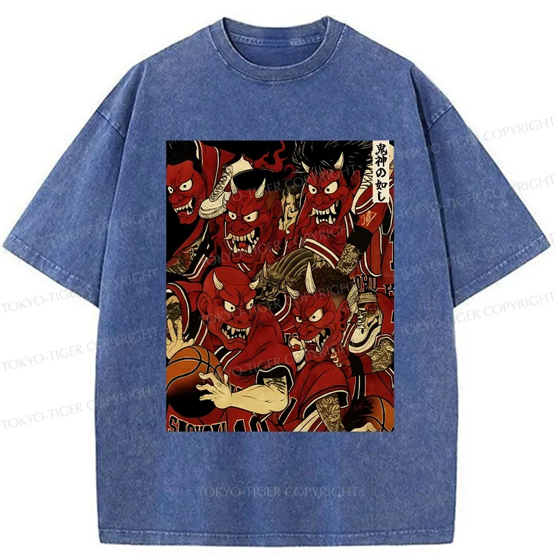 Tokyo-Tiger Demons Playing Basketball Washed T-Shirt