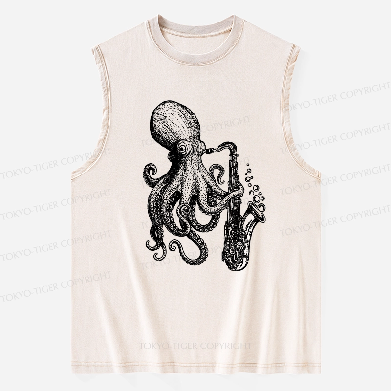 Tokyo-Tiger Octopus Playing Saxophone Washed Tank