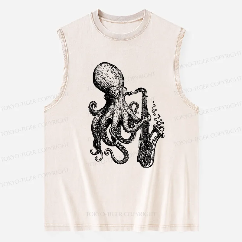 Tokyo-Tiger Octopus Playing Saxophone Washed Tank