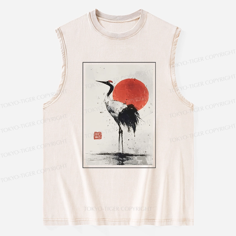 Tokyo-Tiger Retro Japanese Red-crowned Crane Washed Tank