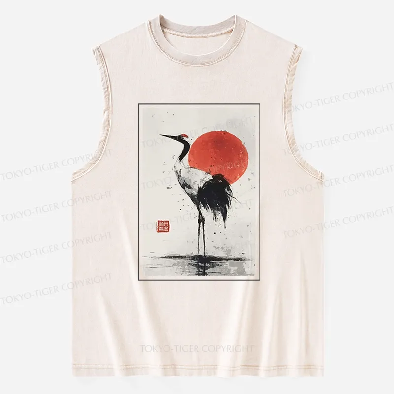 Tokyo-Tiger Retro Japanese Red-crowned Crane Washed Tank