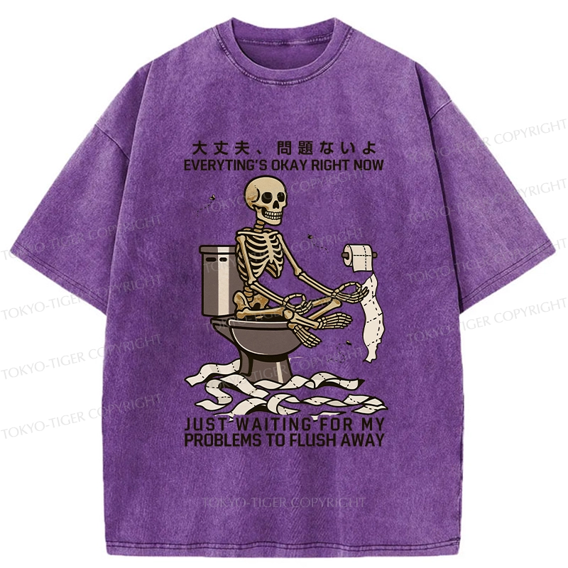 Tokyo-Tiger Funny Flushing Away Skeleton’s Question Washed T-Shirt