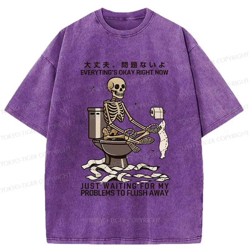 Tokyo-Tiger Funny Flushing Away Skeleton’s Question Washed T-Shirt