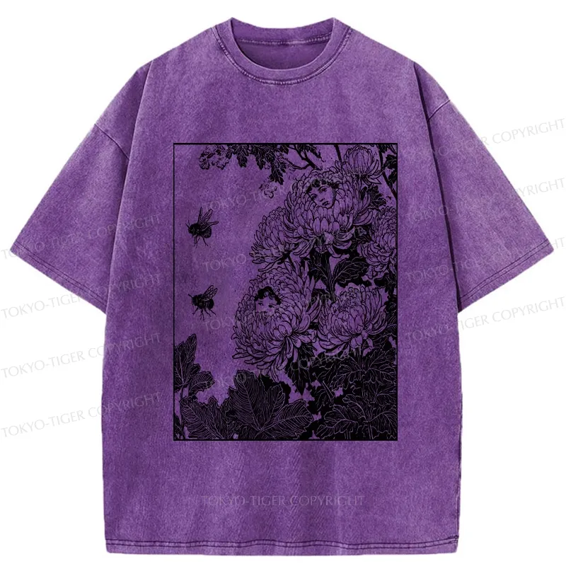 Tokyo-Tiger Chrysanthemums With Hidden Elf Washed T-Shirt