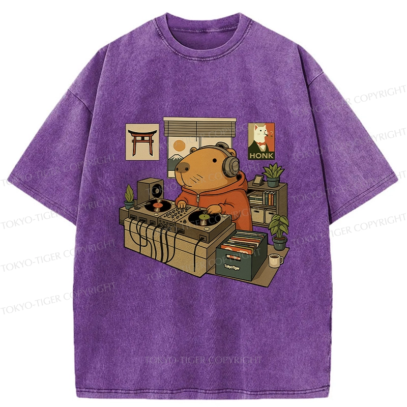 Tokyo-Tiger Funny Capybara DJ Washed T-Shirt