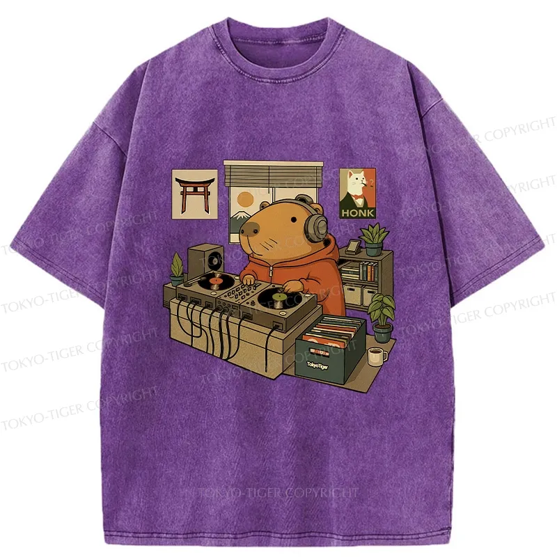 Tokyo-Tiger Funny Capybara DJ Washed T-Shirt