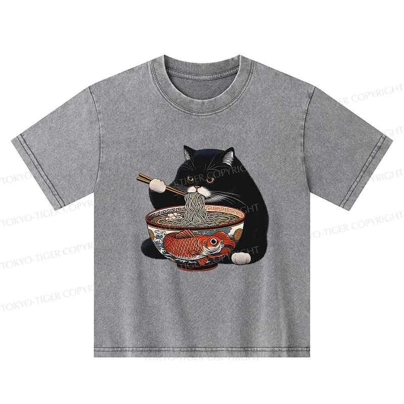 Tokyo-Tiger Fat Cat Eating Ramen Kids Washed T-Shirt
