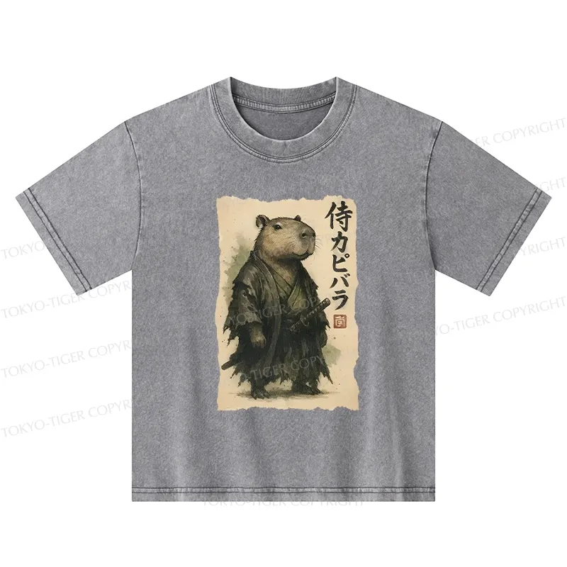 Tokyo-Tiger Capybara Samurai Kids Washed T-Shirt