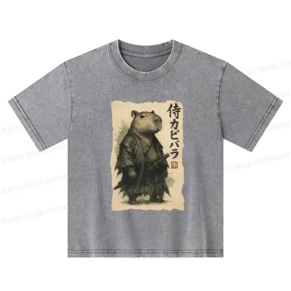 Tokyo-Tiger Capybara Samurai Kids Washed T-Shirt
