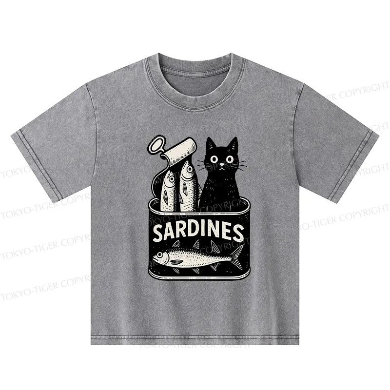 Tokyo-Tiger Cat And Canned Fish Kids Washed T-Shirt