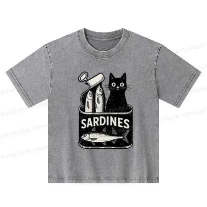 Tokyo-Tiger Cat And Canned Fish Kids Washed T-Shirt