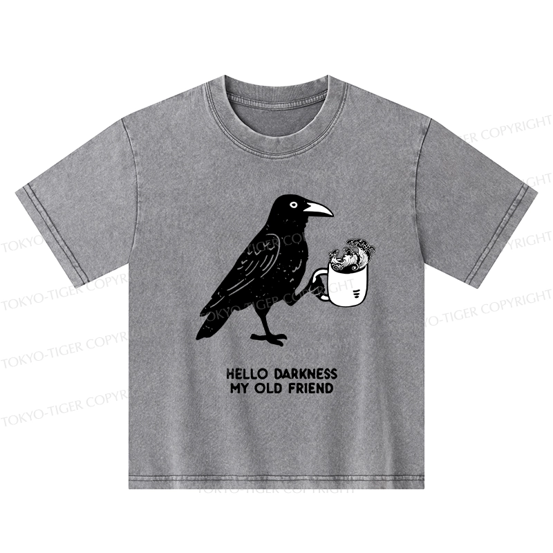 Tokyo-Tiger Crow Drinking Black Coffee Funny Kids Washed T-Shirt