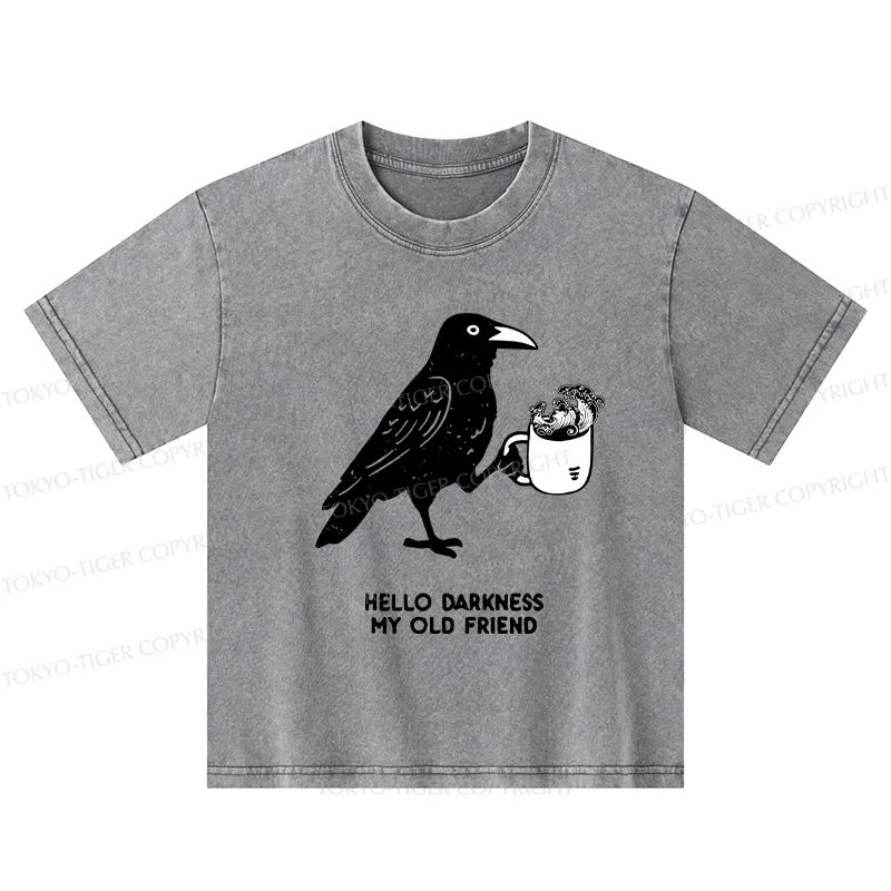 Tokyo-Tiger Crow Drinking Black Coffee Funny Kids Washed T-Shirt