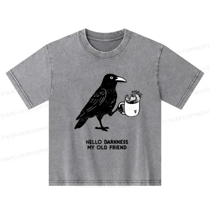 Tokyo-Tiger Crow Drinking Black Coffee Funny Kids Washed T-Shirt