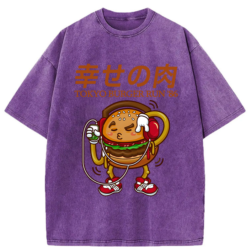 Tokyo-Tiger Funny Burger Listen To Music Washed T-Shirt