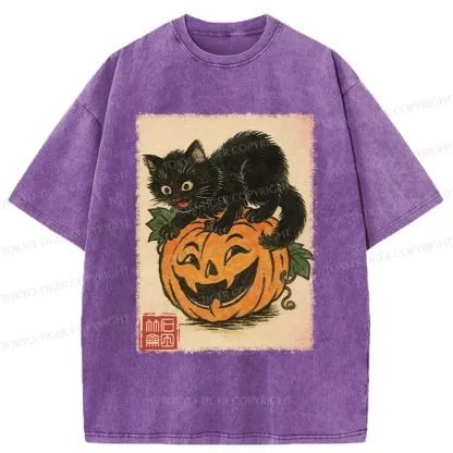 Tokyo-Tiger Black Cat And Pumpkin Washed T-Shirt