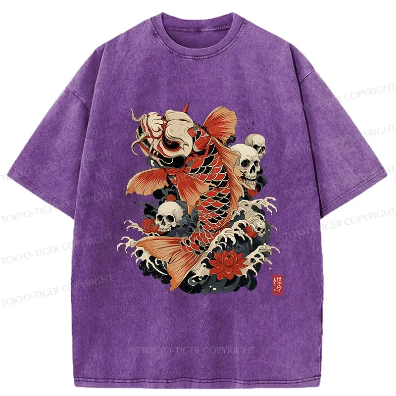 Tokyo-Tiger Japanese Koi And Skull Washed T-Shirt
