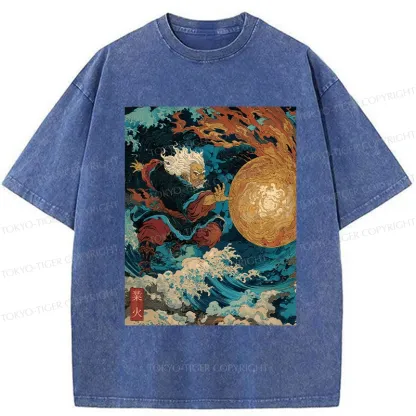 Tokyo-Tiger Samurai Controls Fireball Washed T-Shirt