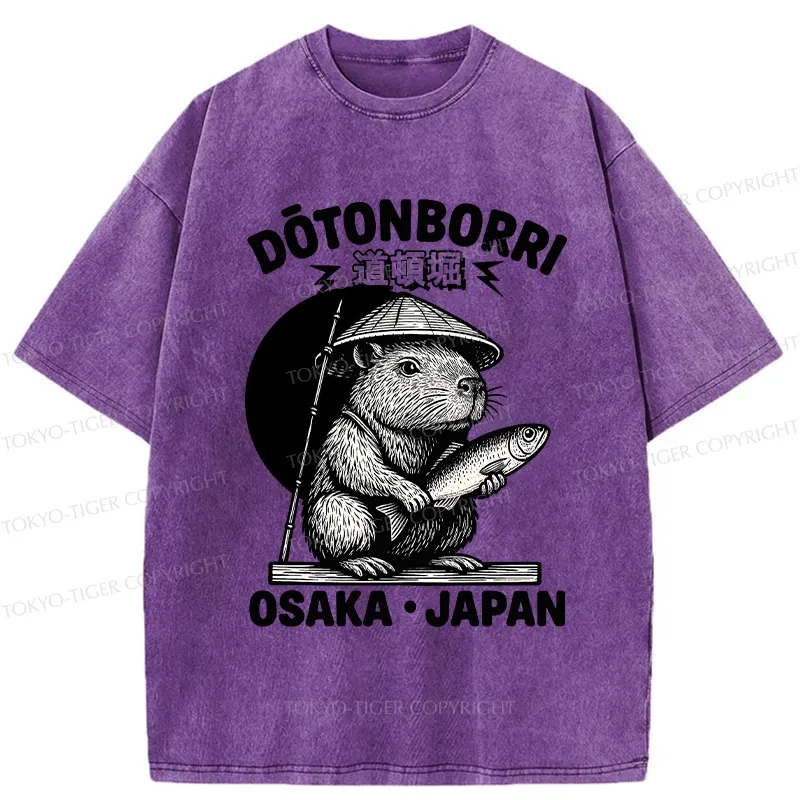 Tokyo-Tiger Capybara Holding A Fish Washed T-Shirt