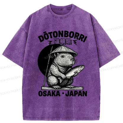 Tokyo-Tiger Capybara Holding A Fish Washed T-Shirt