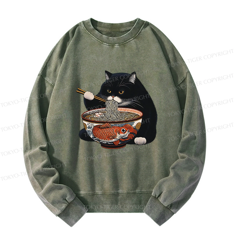 Tokyo-Tiger Fat Cat Eating Ramen Washed Sweatshirt