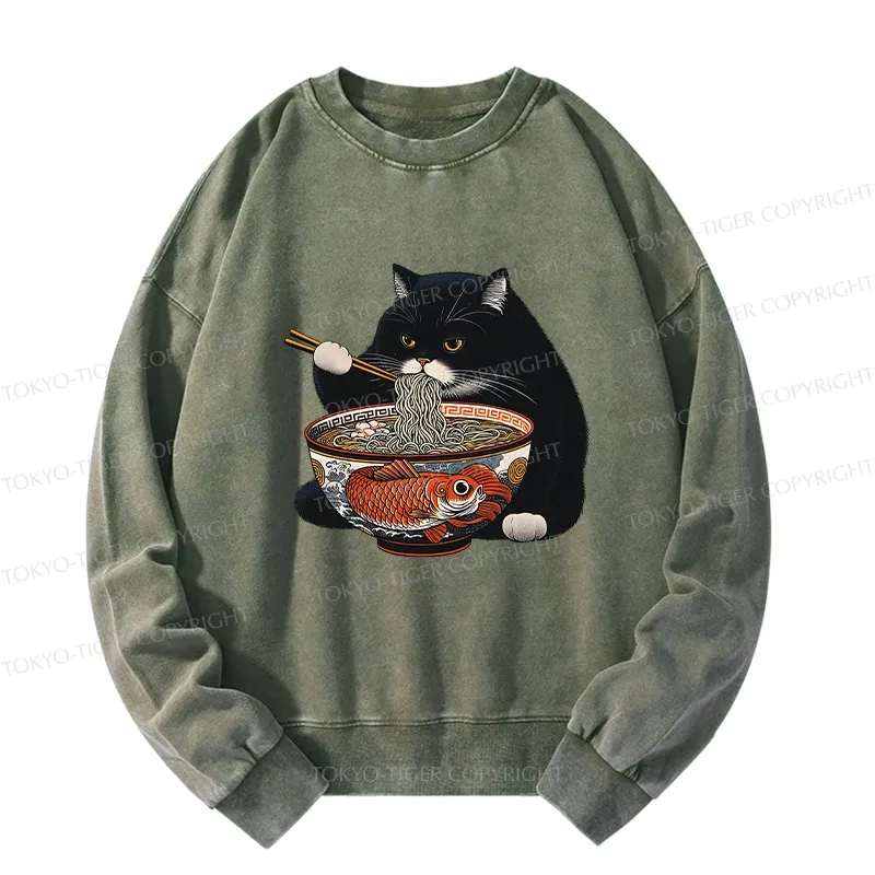 Tokyo-Tiger Fat Cat Eating Ramen Washed Sweatshirt