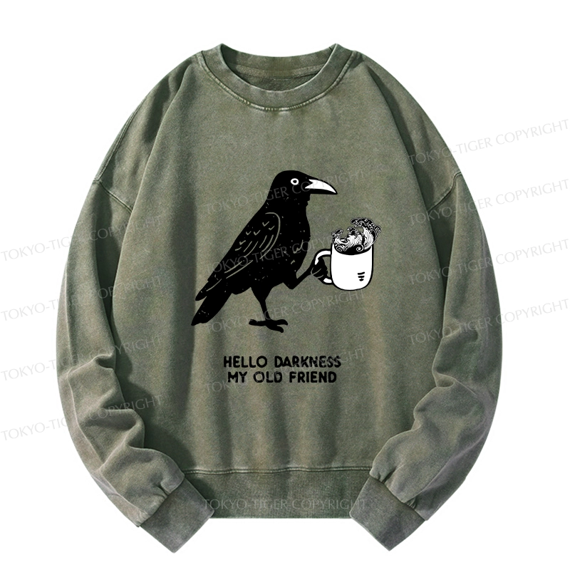 Tokyo-Tiger Crow Drinking Black Coffee Funny Washed Sweatshirt